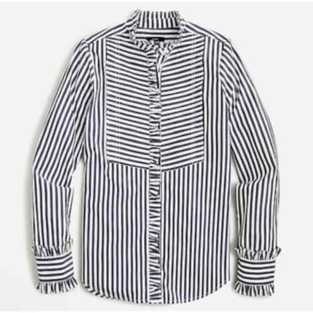 NWT J. Crew Striped Pleat Front Ruffle Tuxedo Shirt